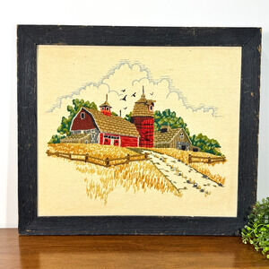 Vintage 1979 Farm Scene Embroidery H Squires Framed Rustic Americana Art